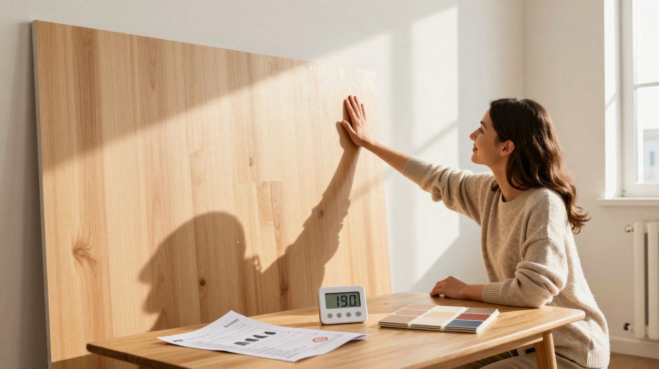Mulher toca em painel de madeira apoiado na mesa com amostras de tintas e documentos à sua frente.