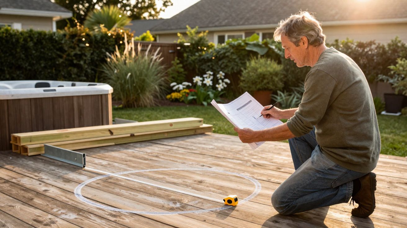 Homem a fazer medições e a apontar notas em papel numa área de madeira exterior com círculo marcado no chão.