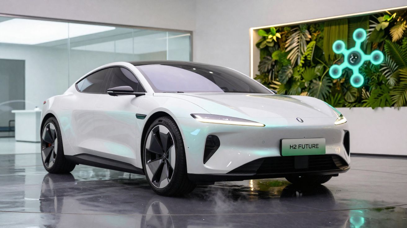 Carro elétrico branco futurista estacionado em piso polido, com decoração de parede verde e símbolo iluminado ao fundo.