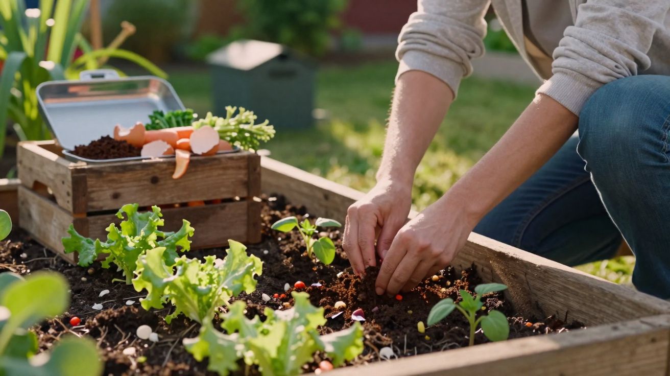 Pessoa a plantar sementes numa horta urbana com alfaces e caixa de compostagem ao lado.