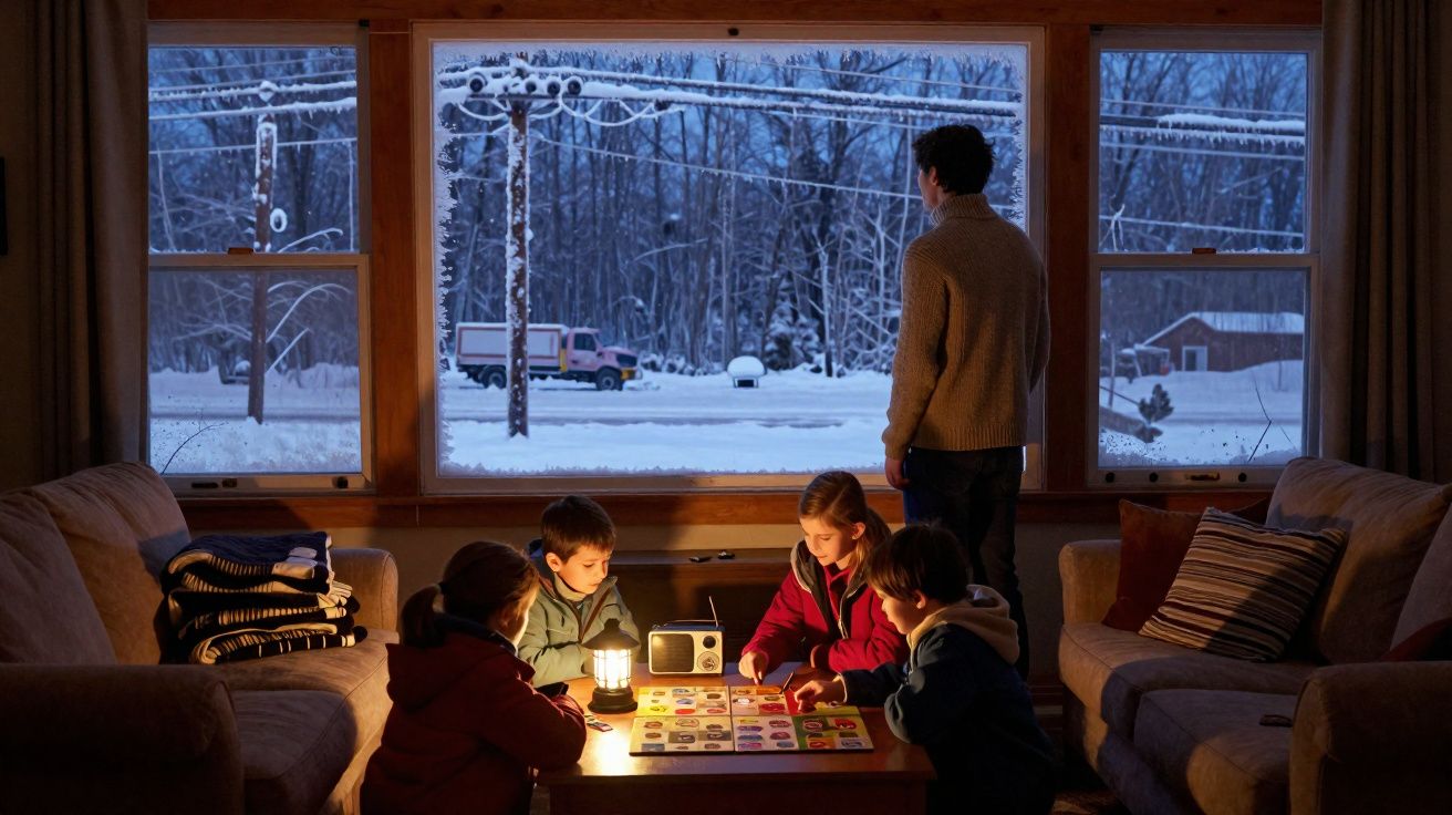 Crianças jogam à mesa iluminada por candeeiro a óleo enquanto um adulto observa a neve pela janela.