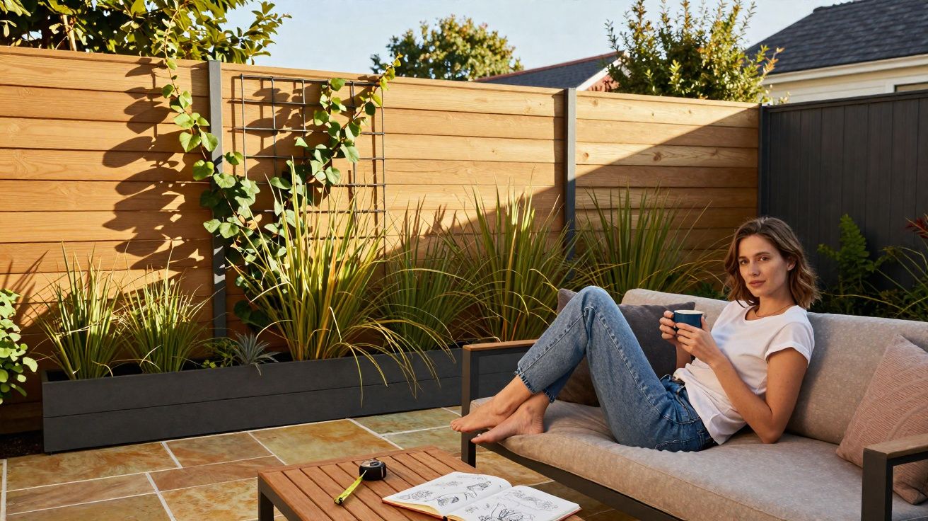 Mulher relaxa num sofá exterior a beber chá, rodeada de plantas e jardim com cerca de madeira.