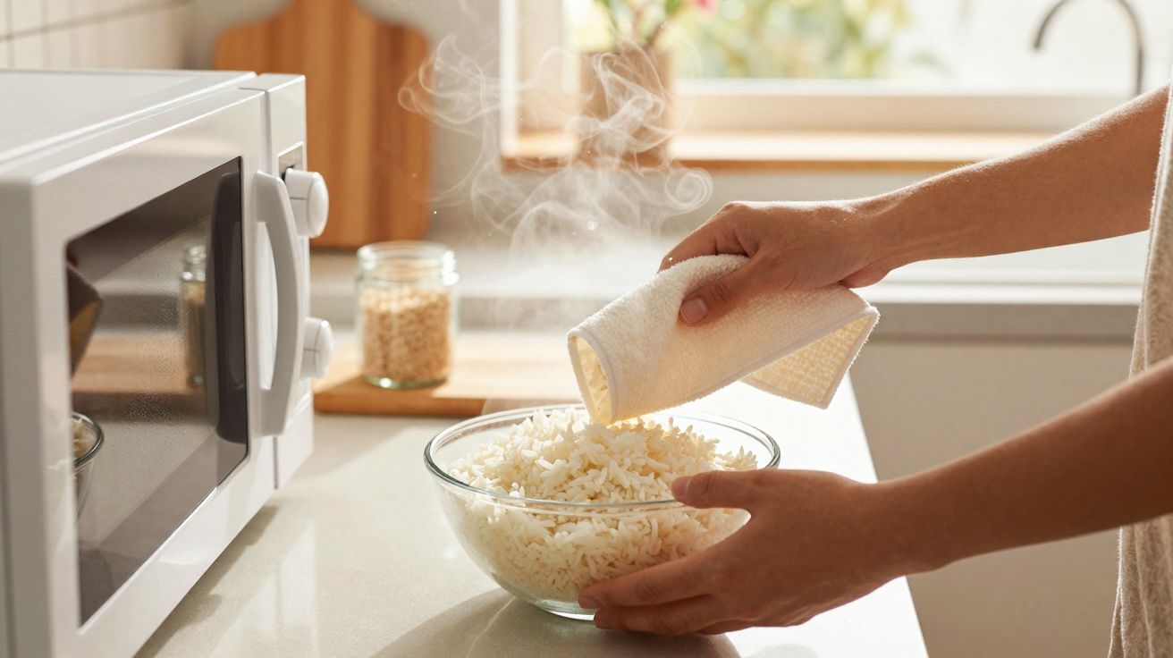 Pessoa a servir arroz quente numa taça de vidro com micro-ondas ao lado numa cozinha luminosa.