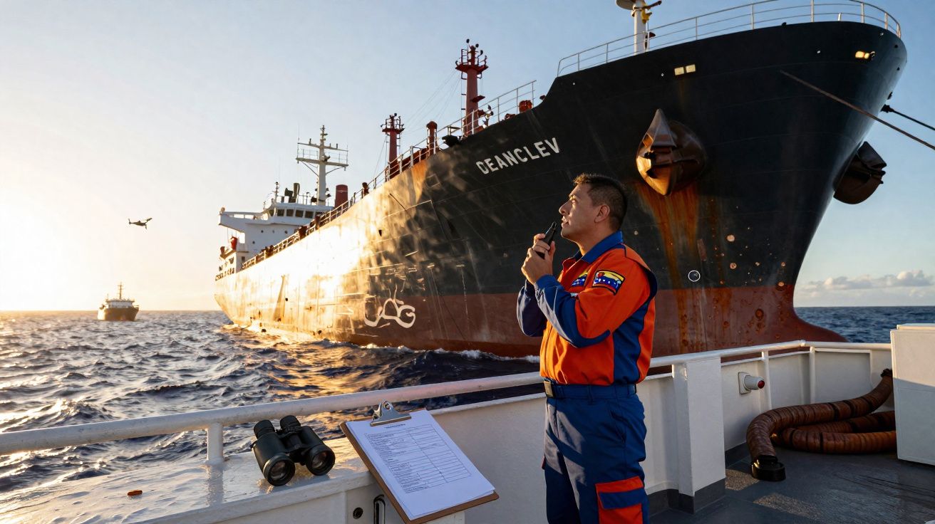 Homem em uniforme a comunicar por rádio junto a navios no mar ao pôr do sol.