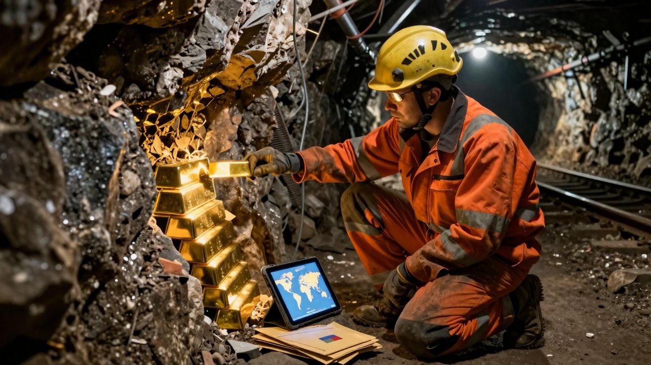 Mineiro com equipamento de proteção recolhe barras de ouro numa mina subterrânea iluminada.
