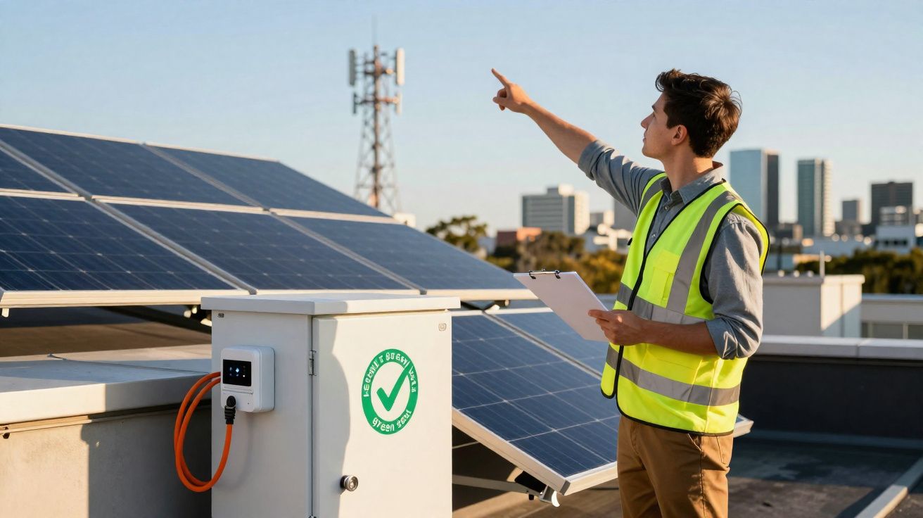 Técnico com colete reflector a inspecionar painéis solares num telhado urbano com clipboard.