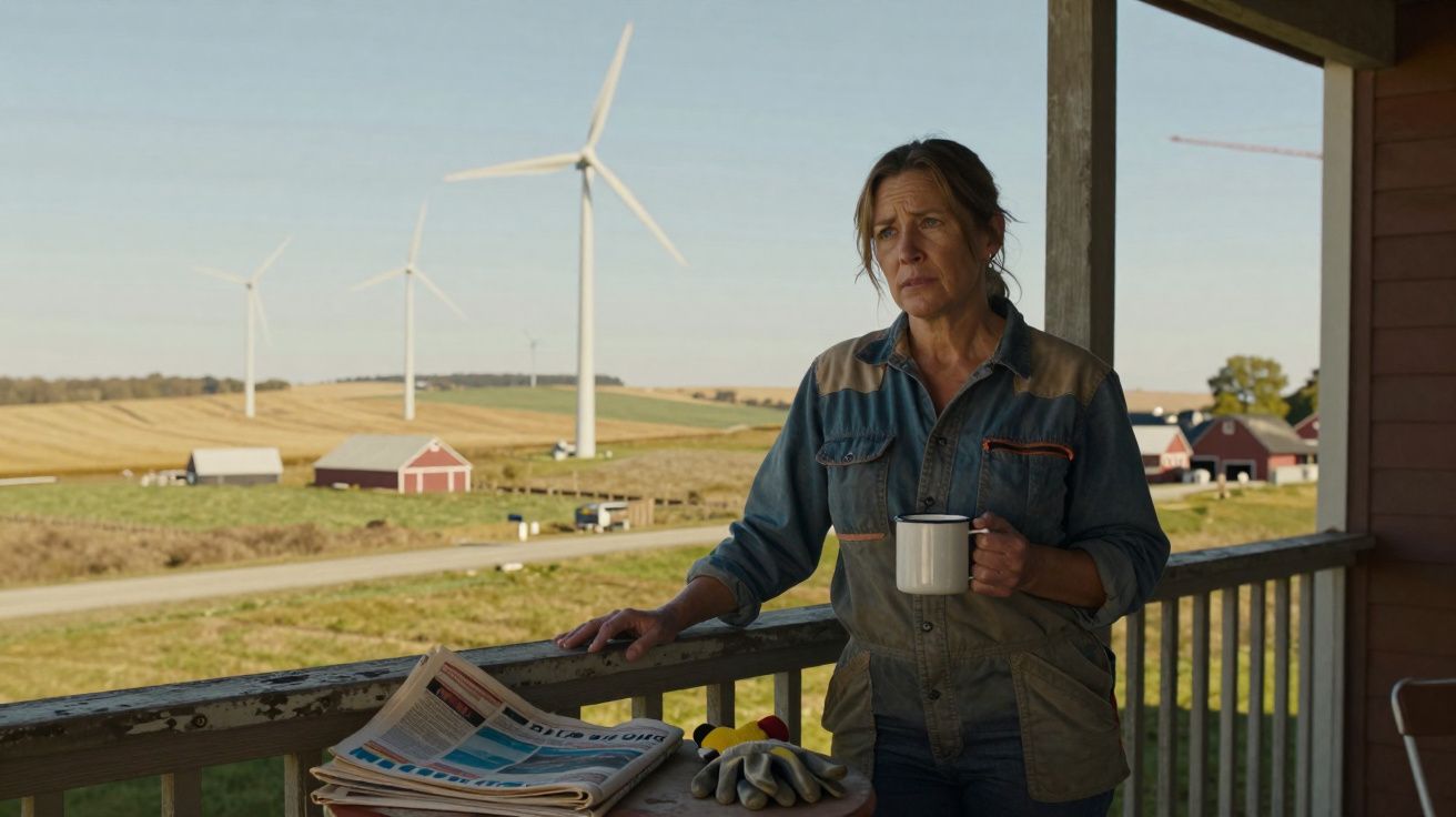 Mulher com macacão azul segura caneca na varanda, com moinho de vento e campo ao fundo.