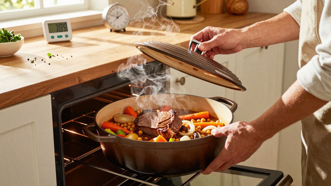 Pessoa a retirar panela quente com carne e legumes do forno numa cozinha iluminada.