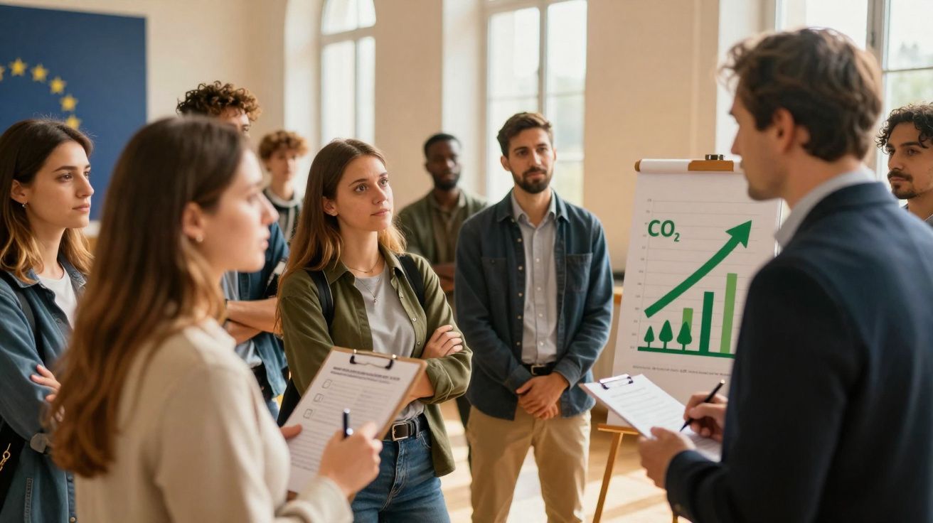 Grupo de jovens atentos durante palestra sobre aumento das emissões de CO2 e impacto ambiental.