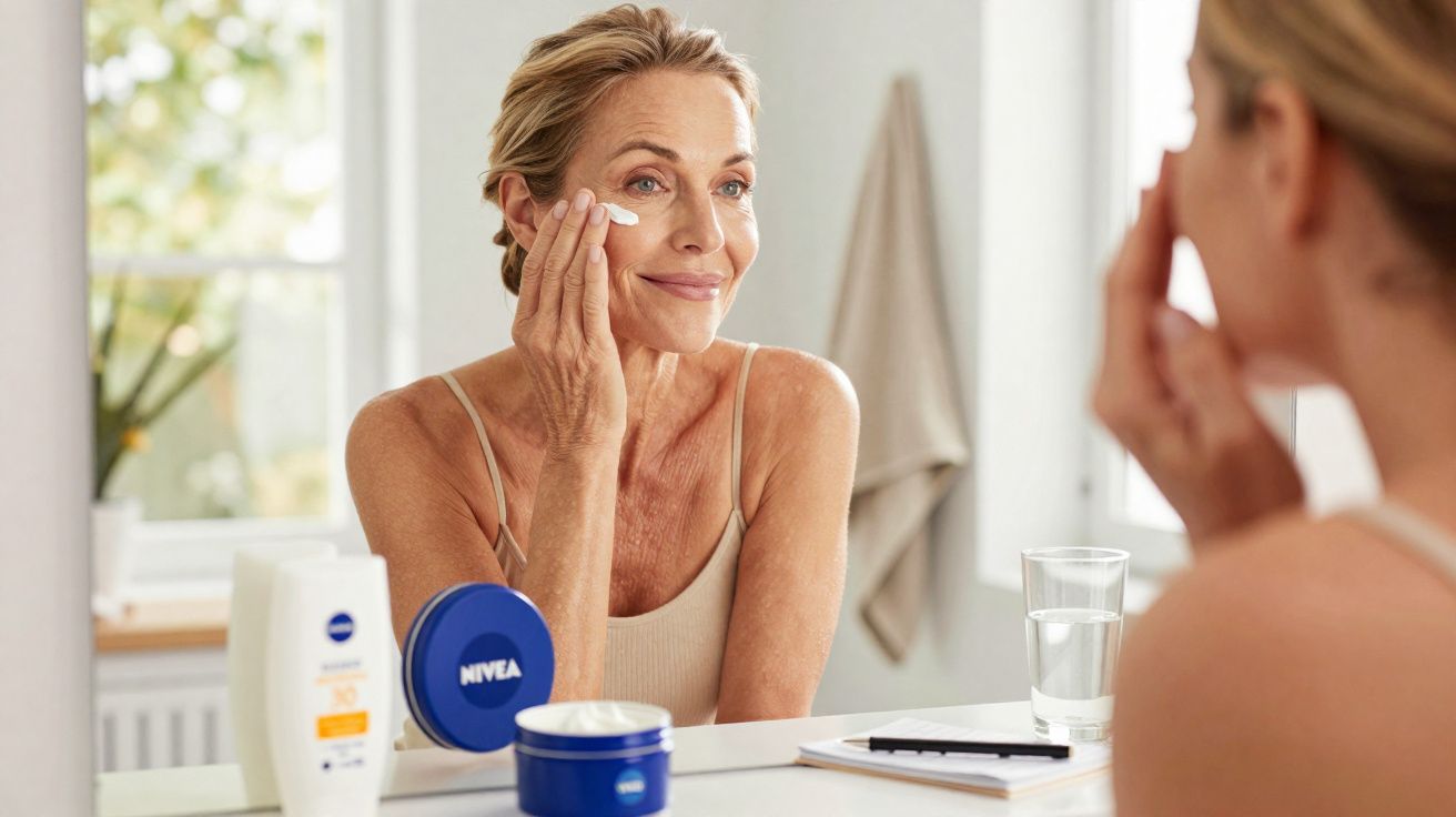 Mulher adulta a aplicar creme hidratante no rosto da frente de um espelho num ambiente luminoso.