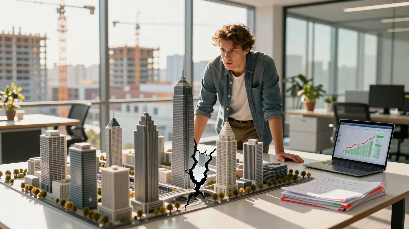 Homem observa maquete de cidade com rachadura no meio, em escritório moderno com laptop e documentos.