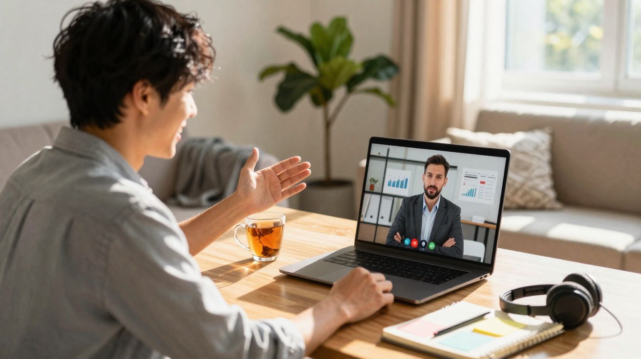 Pessoa jovem a fazer videochamada com homem em fato, gráficos visíveis no ecrã do portátil numa sala iluminada.