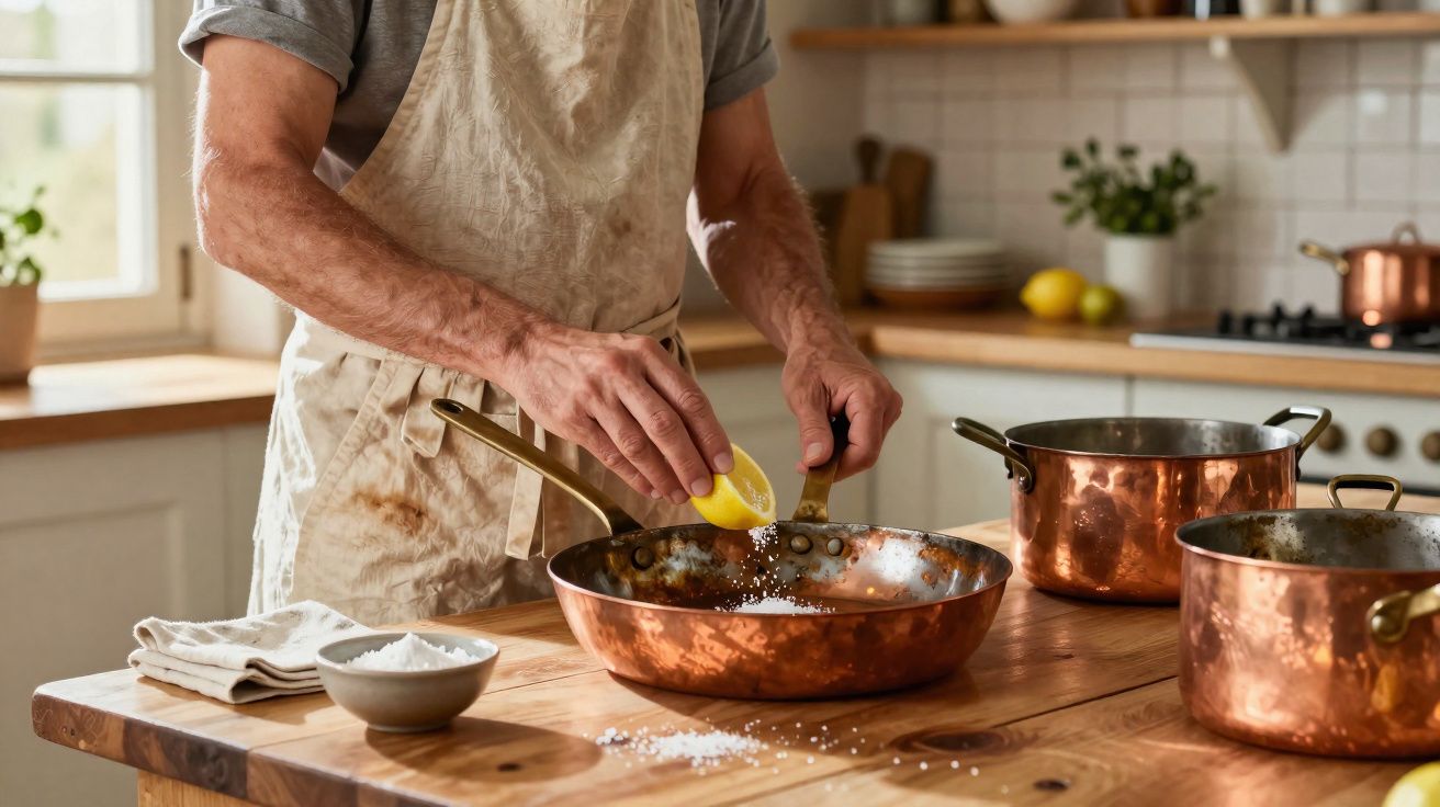 Pessoa a temperar comida com limão e sal numa frigideira de cobre numa cozinha rústica.