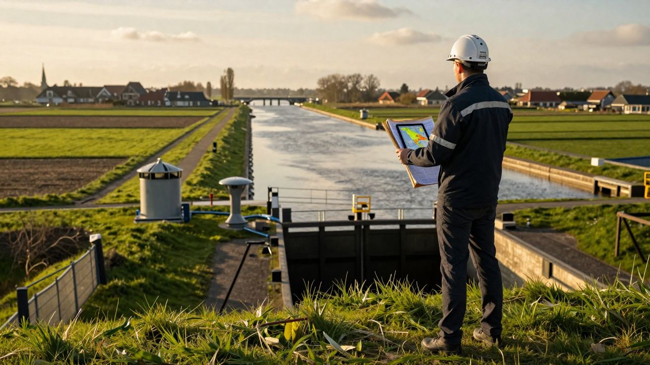 Engenheiro de segurança com capacete a examinar um mapa junto a uma barragem e canal de água no campo.