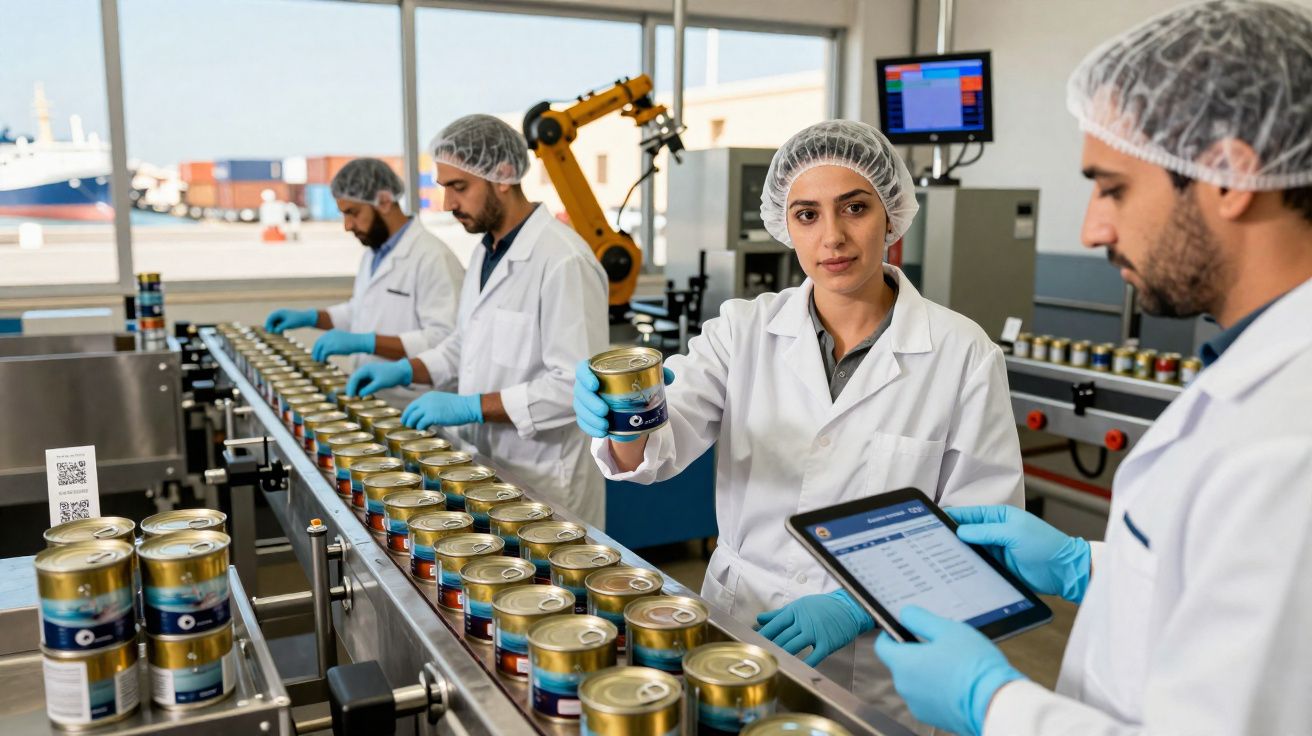 Três trabalhadores em uniforme branco e touca a inspecionar latas numa linha de produção numa fábrica.