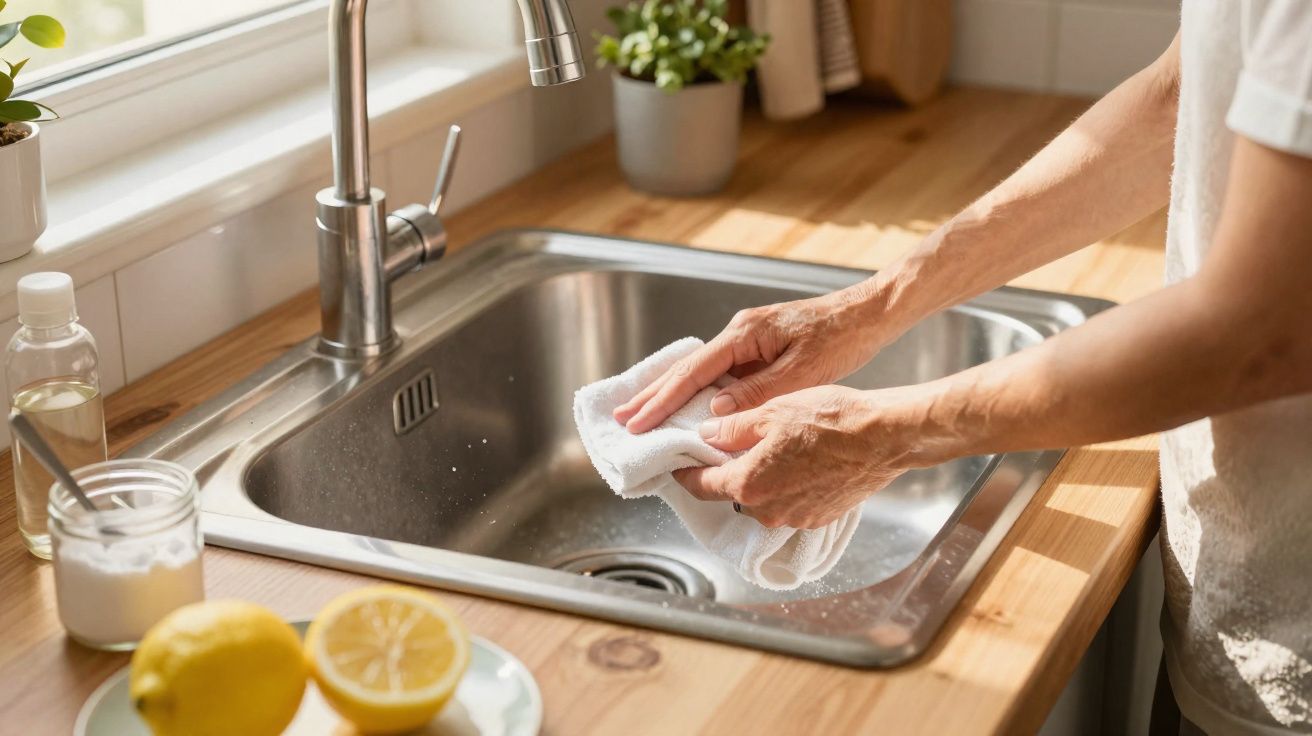 Pessoa a limpar com um pano branco a cuba de aço inox da pia numa cozinha com bancada de madeira.