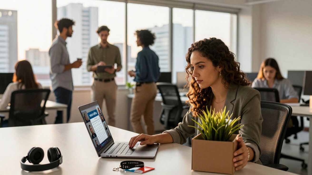 Mulher a trabalhar no seu portátil numa sala de escritório moderna com colegas ao fundo e planta na mesa.