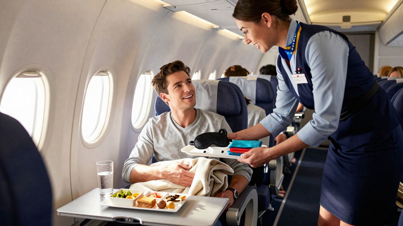 Tripulante de cabine a servir máscara de dormir a passageiro sentado num avião com refeição na mesa.