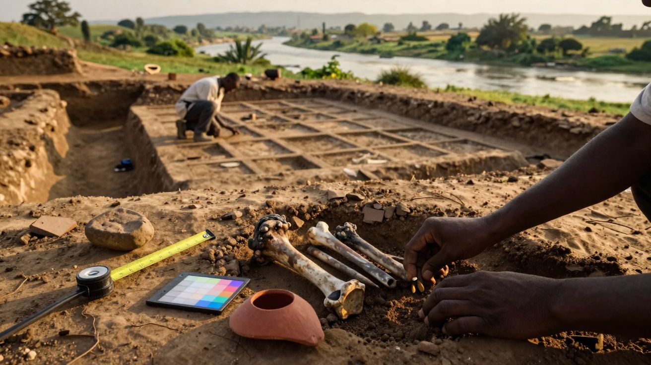 Escavação arqueológica junto a rio, com ossos humanos e utensílios a serem analisados no solo arenoso.