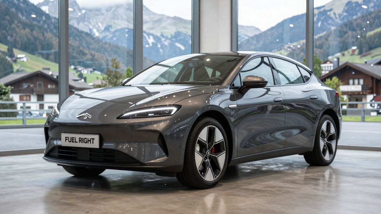 Carro elétrico cinzento estacionado em showroom com janelas grandes e montanhas ao fundo.