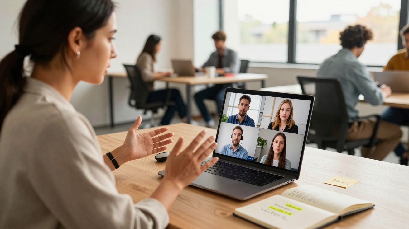 Mulher numa reunião híbrida, fala para colegas em videochamada enquanto colegas trabalham ao fundo.