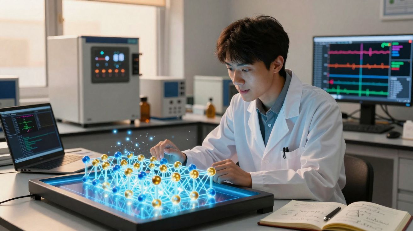 Cientista em laboratório a manipular modelo digital 3D de estrutura molecular numa mesa interativa.