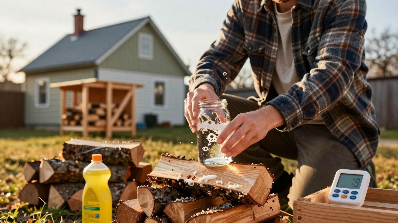 Pessoa a derramar líquido inflamável em lenha empilhada ao ar livre, junto a casa e temporizador digital.