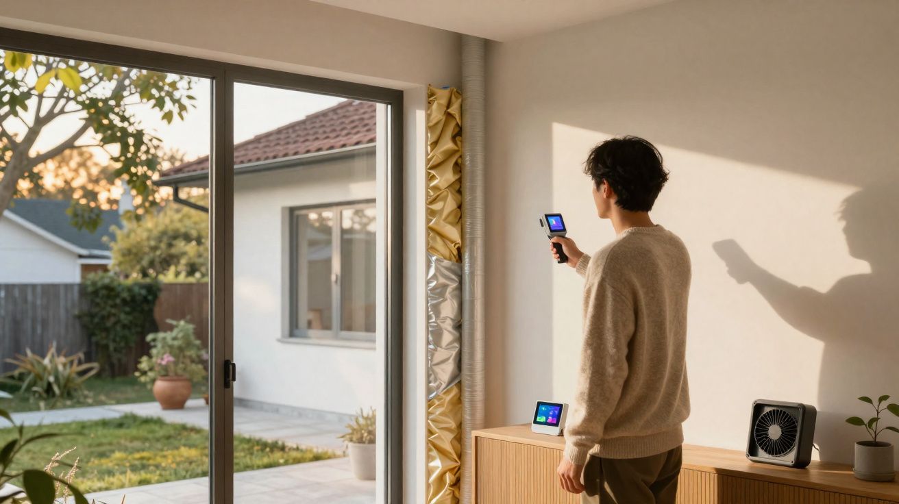 Pessoa usando câmara térmica para inspecionar temperatura numa parede junto a porta de vidro com vista para jardim.