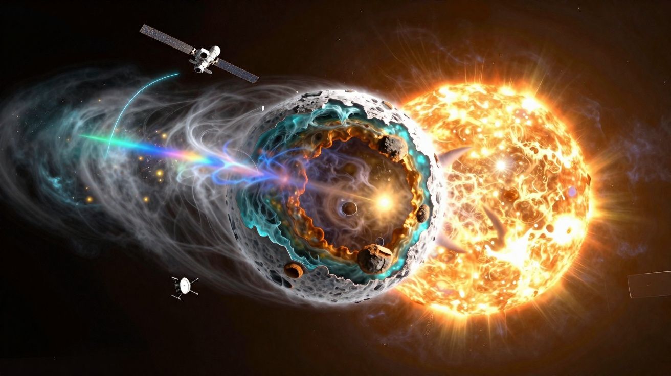 Ilustração de um asteroide com camadas internas expostas, um sol brilhante e duas sondas espaciais próximas.