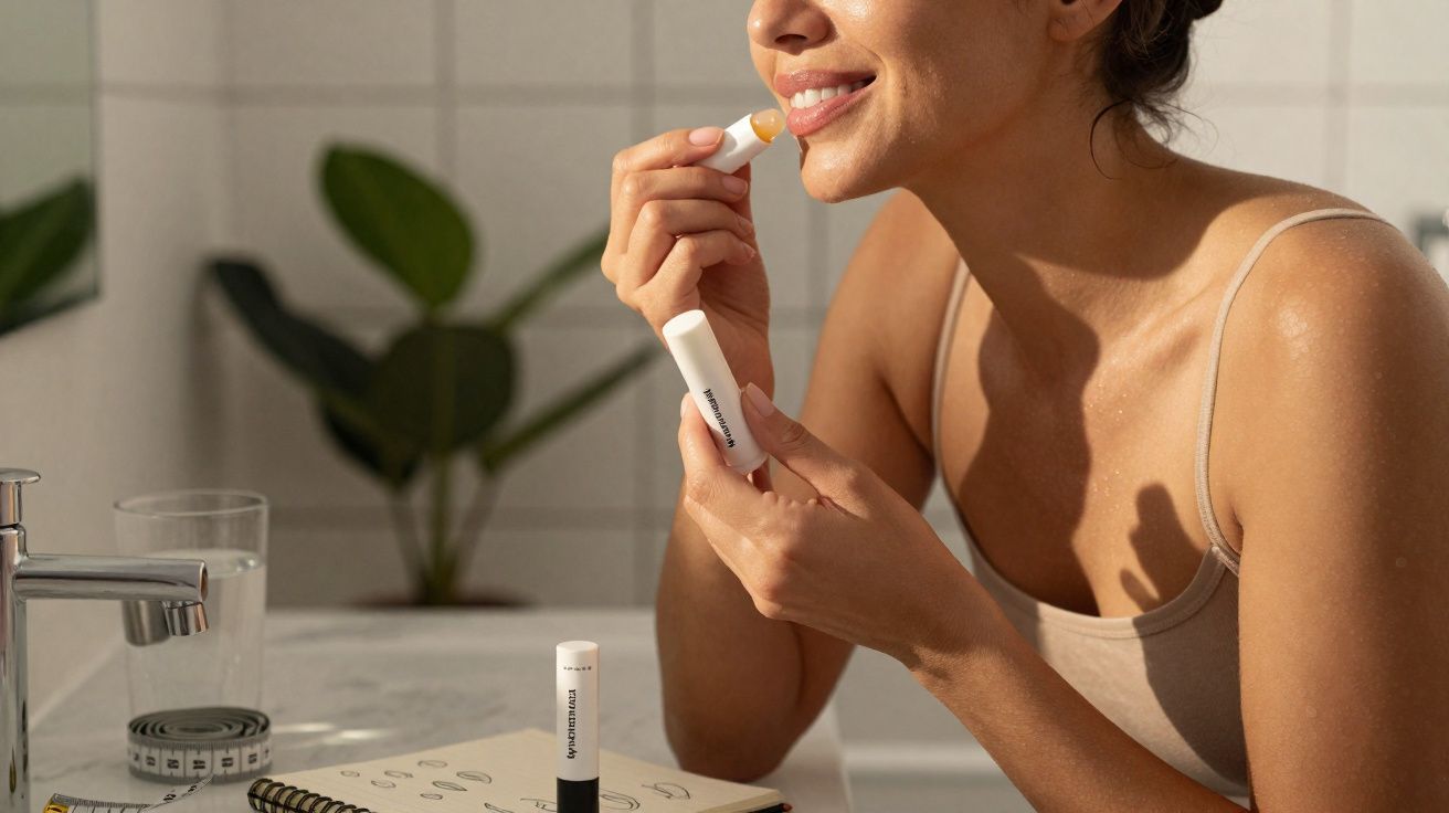 Mulher aplica bálsamo labial num ambiente luminoso e tranquilo, com plantas e acessórios na mesa.