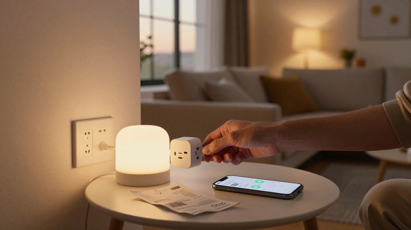 Pessoa a instalar tomada inteligente em mesa com candeeiro, telemóvel e fatura num ambiente acolhedor.