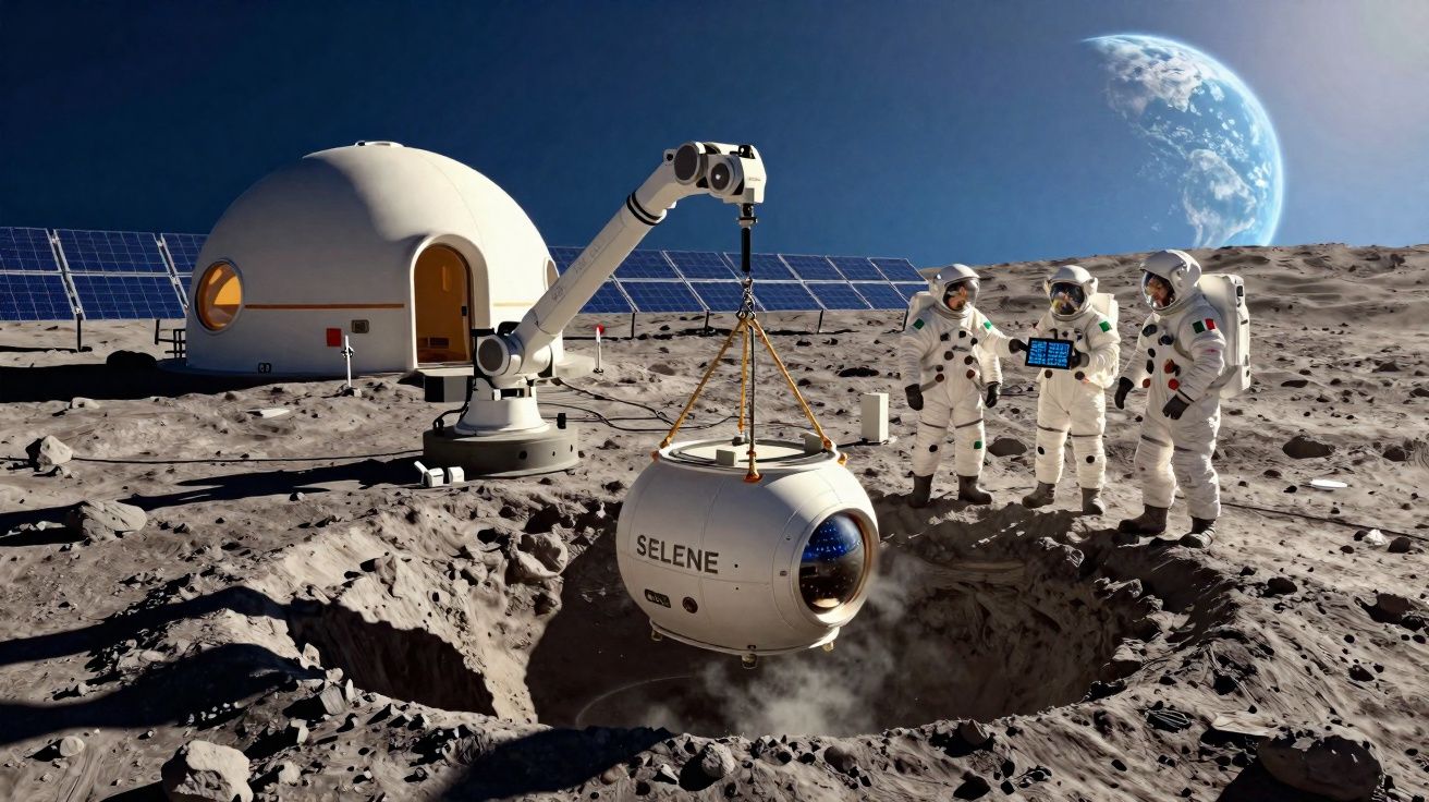 Astronautas com fatos espaciais junto a módulo lunar e equipamento robótico na superfície da Lua com Terra ao fundo.
