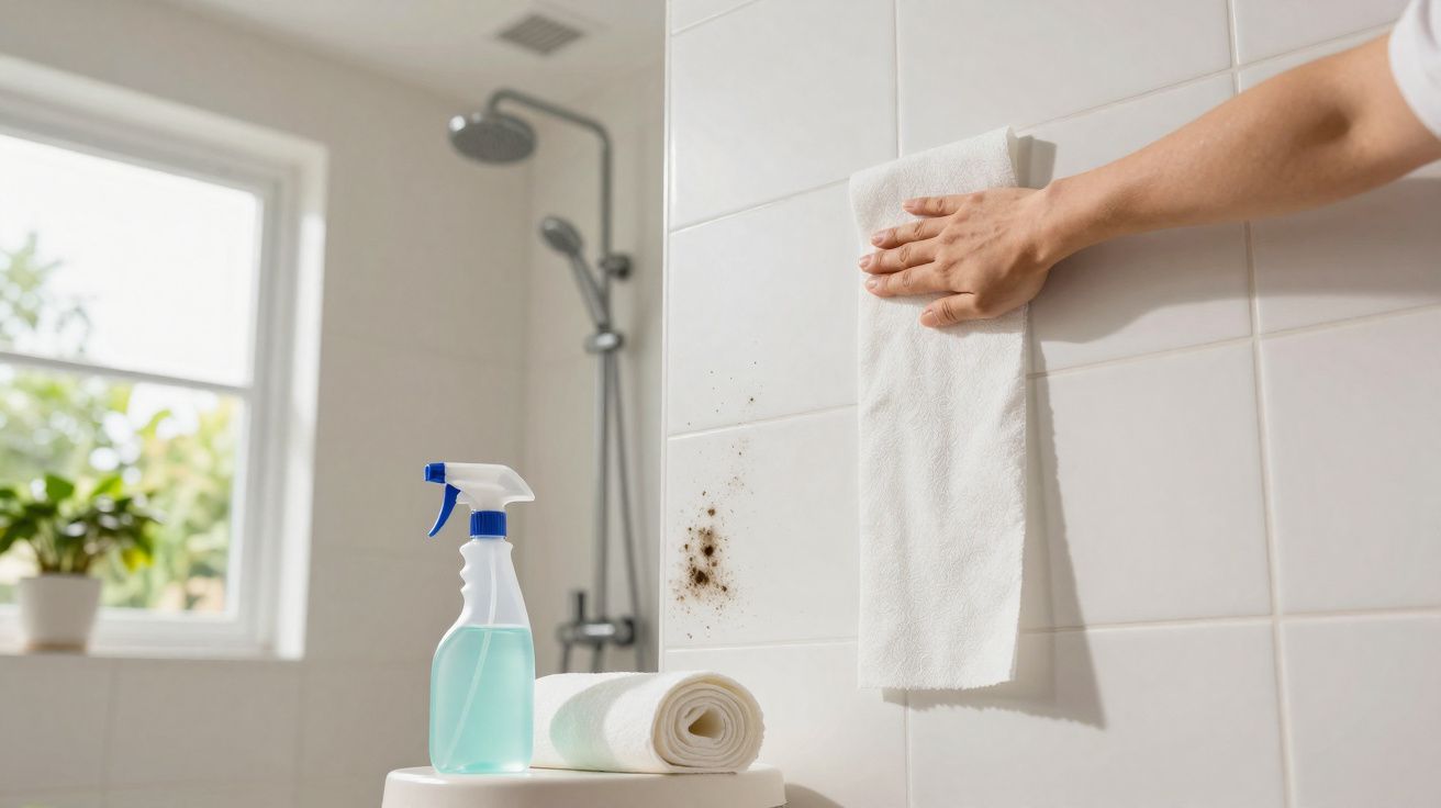 Pessoa a limpar manchas de sujidade em azulejo de casa de banho com pano e produto de limpeza spray.