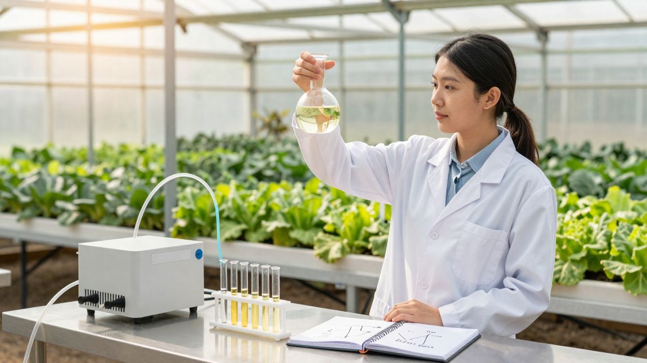 Mulher cientista em estufa a analisar amostra líquida com plantas ao fundo e tubos de ensaio à frente.