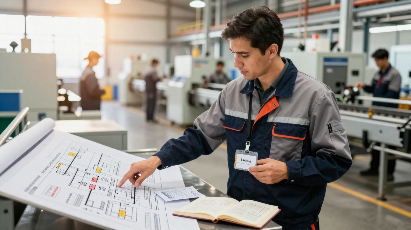 Engenheiro a analisar plantas técnicas numa fábrica, com livro aberto e colegas ao fundo.
