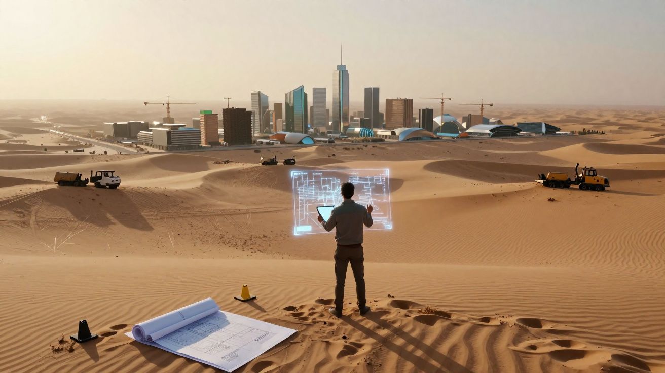 Pessoa a analisar planos digitais numa obra futurista no deserto com cidade moderna ao fundo e máquinas em funcionamento.