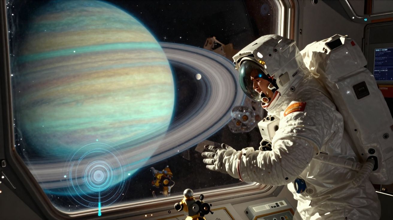 Astronauta observa o planeta Saturno com seus anéis através da janela da nave espacial.