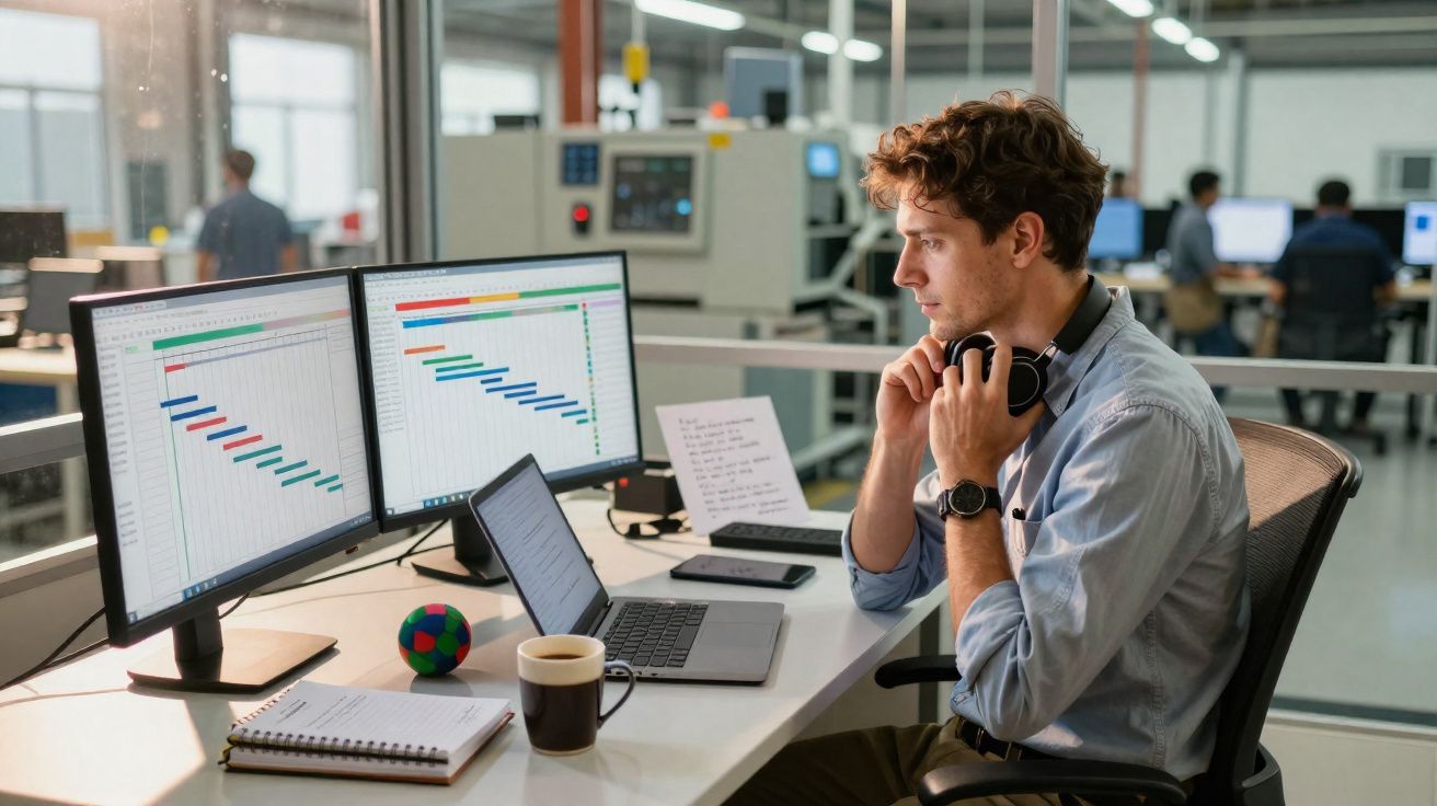 Homem a trabalhar em escritório com dois ecrãs e computador portátil, olhando atento para os dados.