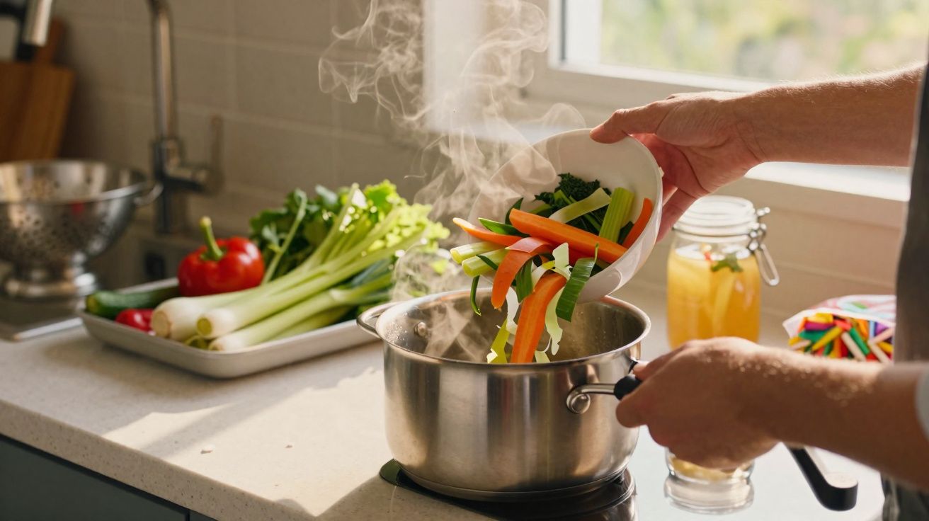 Pessoa a colocar legumes frescos numa panela a ferver na cozinha iluminada naturalmente