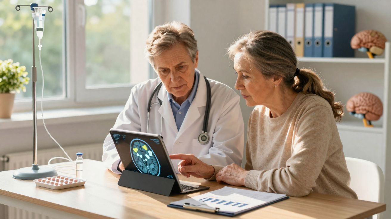 Médico a explicar resultados de ressonância cerebral a paciente idosa numa consulta médica.