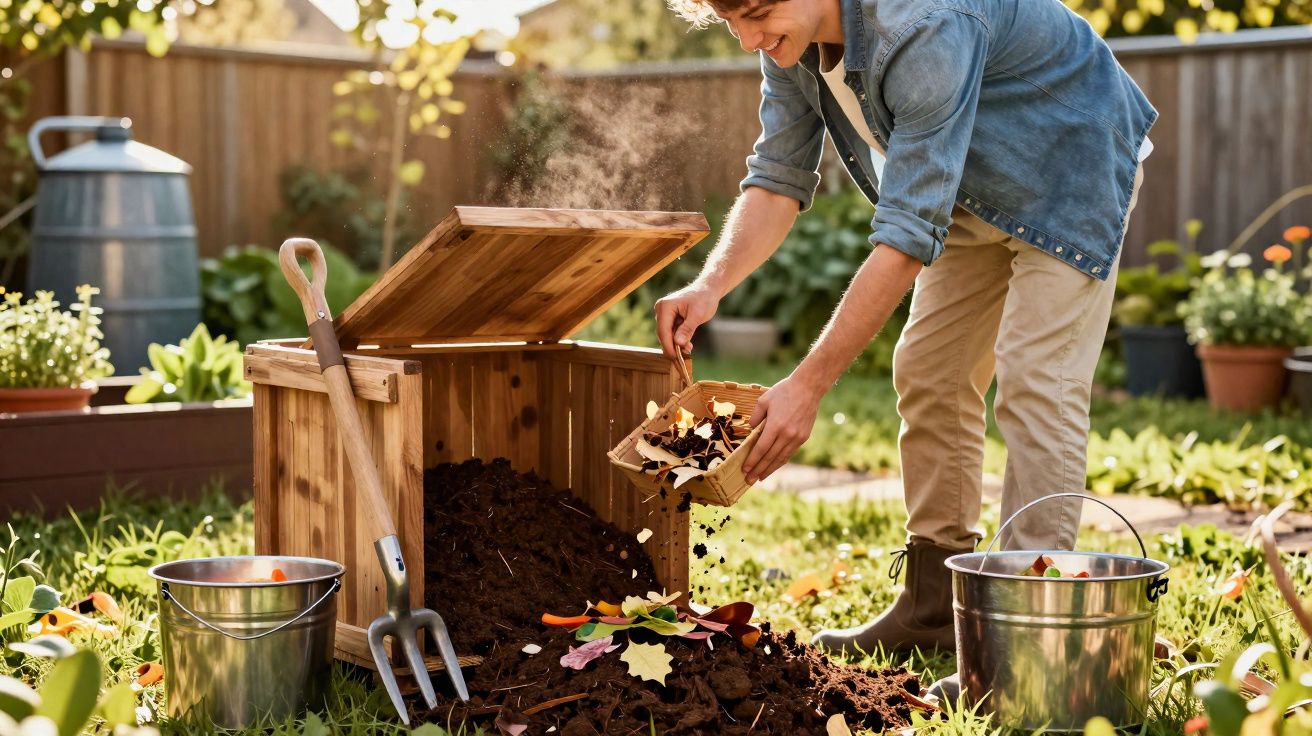 Pessoa a adicionar resíduos orgânicos a composto em jardim com utensílios de jardinagem em volta.