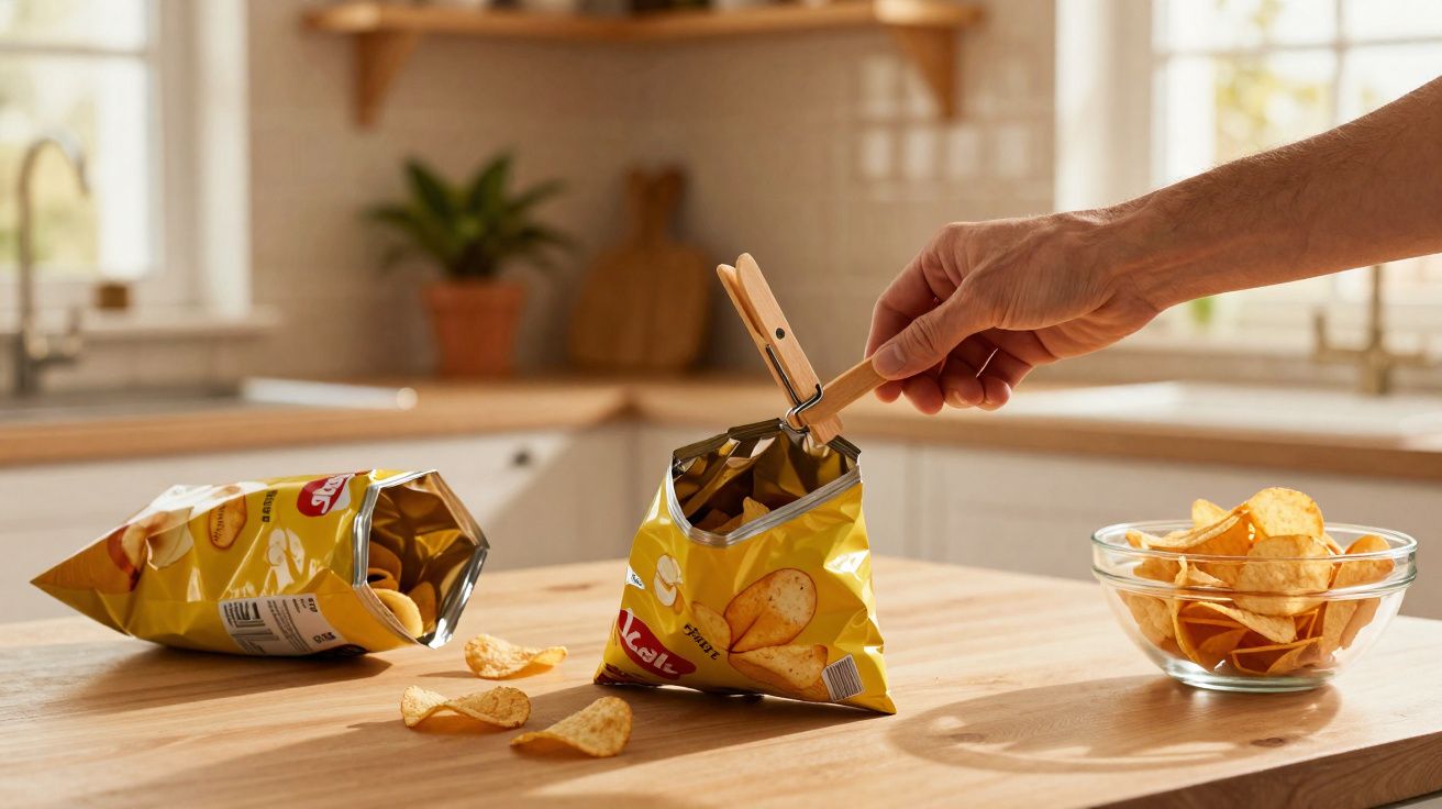 Mão a fechar pacote de batatas fritas com molas de madeira numa cozinha iluminada, batatas e taça ao lado.