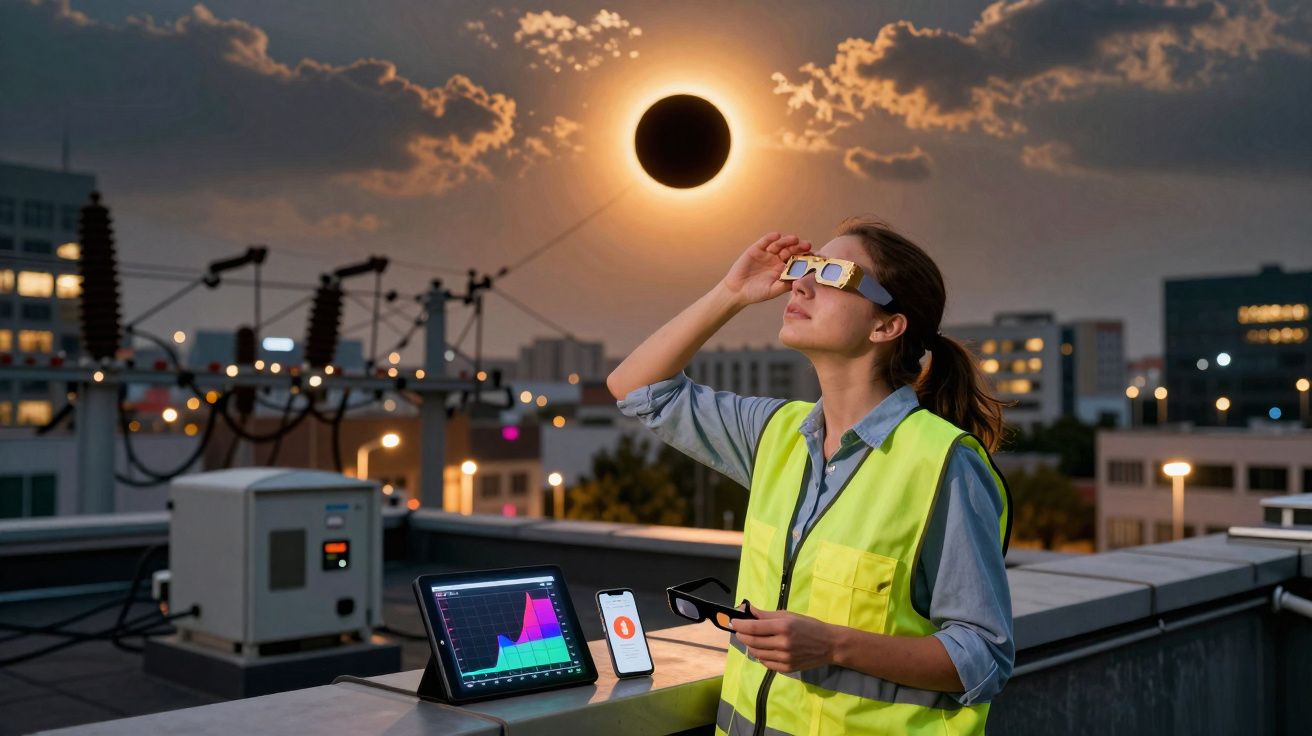 Mulher com colete refletor observa eclipse solar usando óculos especiais numa superfície urbana com equipamentos eletrónicos.