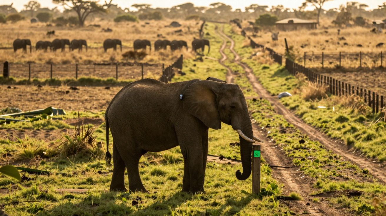 Elefante junto a uma cerca num caminho rural com outros elefantes ao fundo ao pôr do sol.