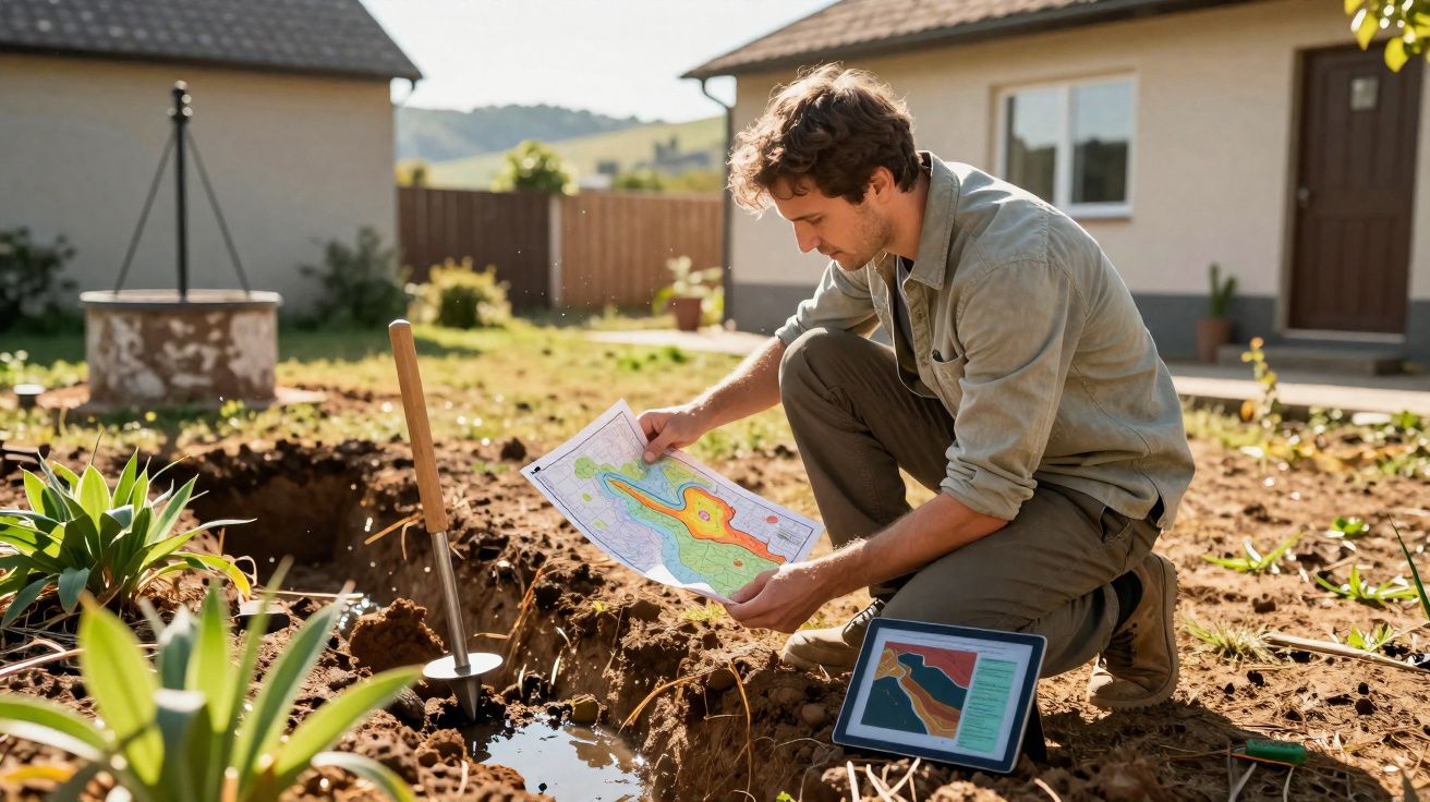 Homem estuda mapa topográfico junto a um buraco no chão num jardim exterior perto de casas.