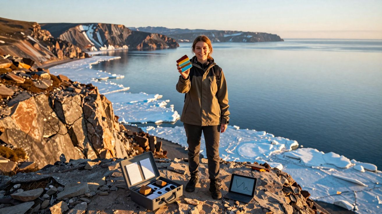 Mulher numa falésia junto ao mar gelado, segurando amostras coloridas, com equipamento científico ao seu lado.