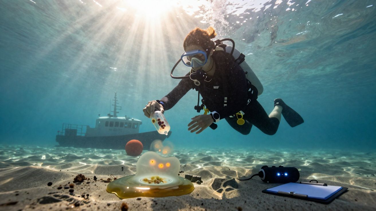 Mergulhador recolhe amostra de uma substância gelatinosa luminosa no fundo do mar perto de um barco.