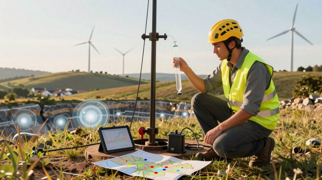 Engenheiro com capacete e colete de segurança analisa amostra de solo perto de parque eólico no campo.