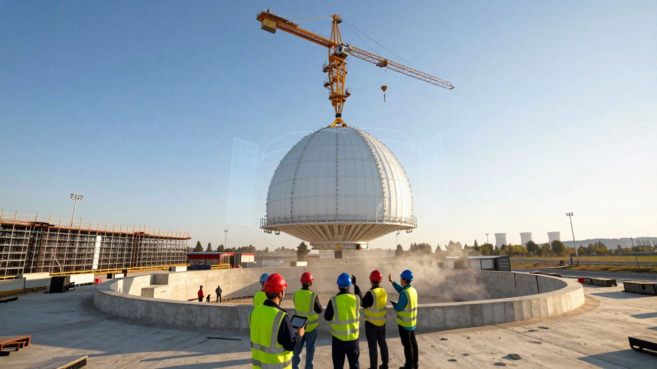 Trabalhadores de construção com capacetes observam a instalação de uma grande cúpula branca suspensa por guindaste.