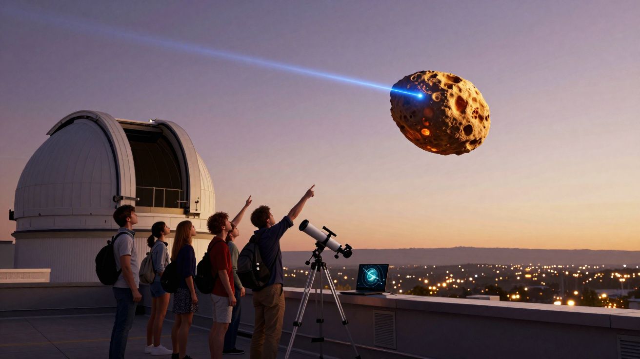 Grupo de jovens observa asteroide iluminado por telescópio numa plataforma com cúpula de observatório ao entardecer.